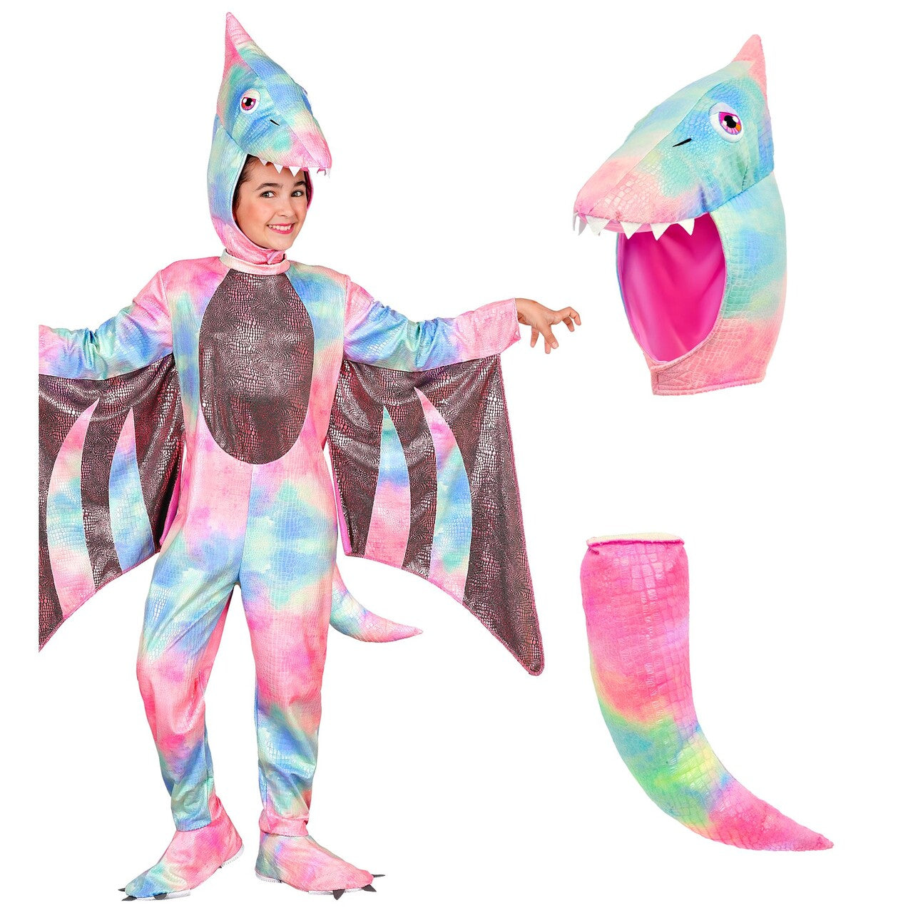 Op deze afbeelding zie je een Kostuums, van het merk Widmann. Kleurrijke Pterodactylus Meisje Kostuum