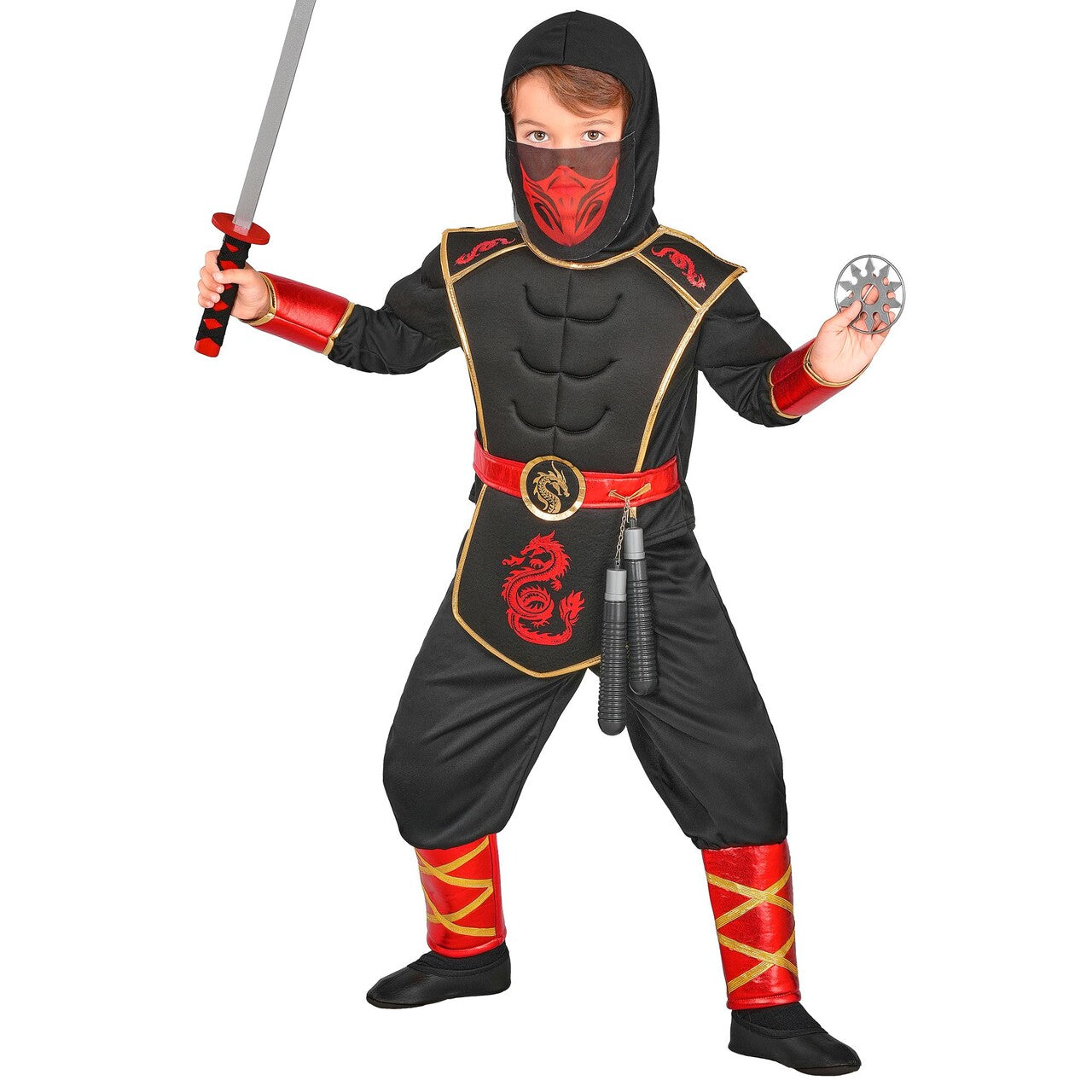 Op deze afbeelding zie je een Kostuums, van het merk Widmann. Red Ninja Warrior Jongen Kostuum