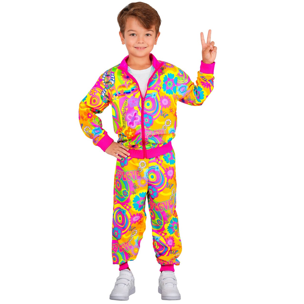 Op deze afbeelding zie je een Kostuums, van het merk Widmann. Neon Groovy Love Trainingspak Kind Kostuum