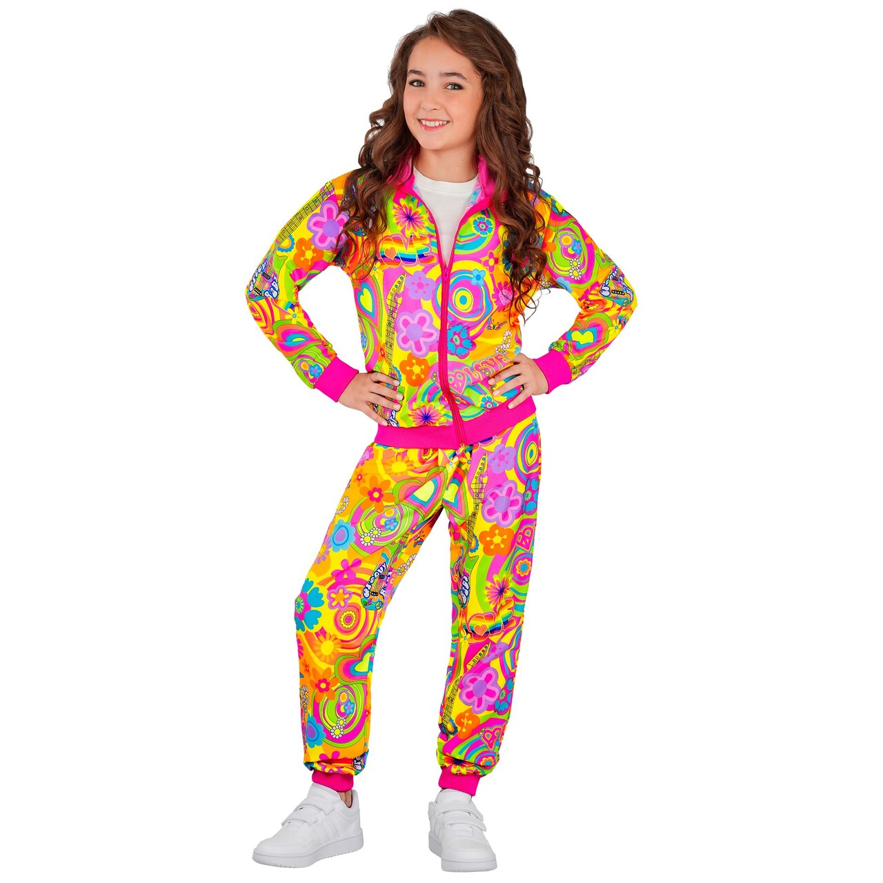 Op deze afbeelding zie je een Kostuums, van het merk Widmann. Neon Groovy Love Trainingspak Kind Kostuum