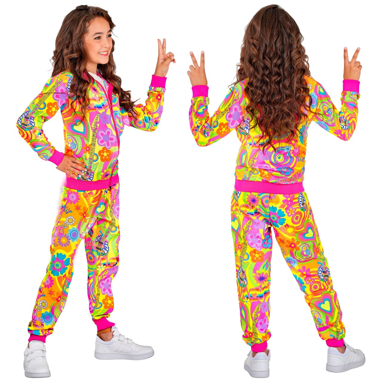 Op deze afbeelding zie je een Kostuums, van het merk Widmann. Neon Groovy Love Trainingspak Kind Kostuum