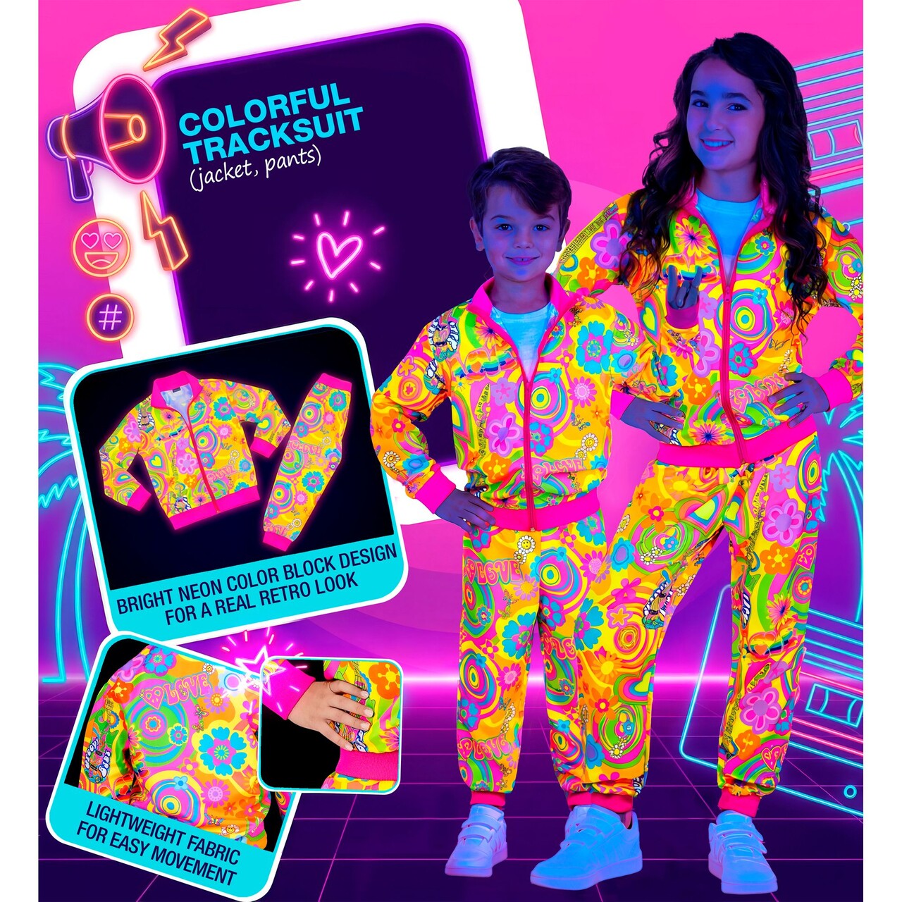 Op deze afbeelding zie je een Kostuums, van het merk Widmann. Neon Groovy Love Trainingspak Kind Kostuum