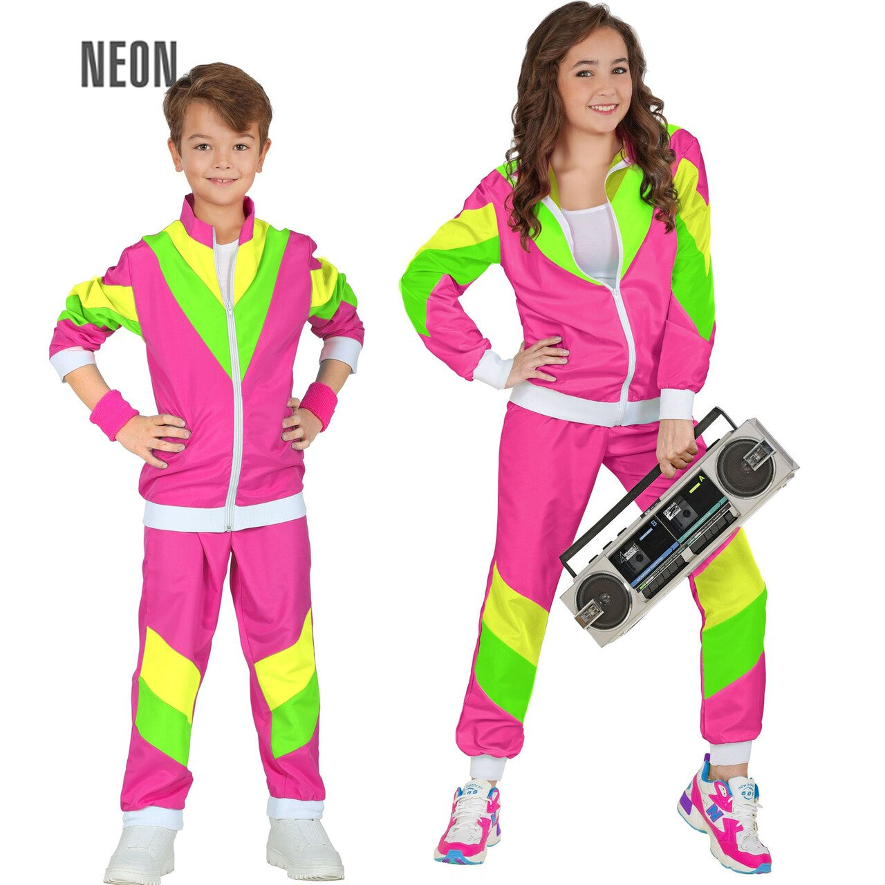 Op deze afbeelding zie je een Kostuums, van het merk Widmann. Flashy Neon 80s Trainingspak Kind Kostuum