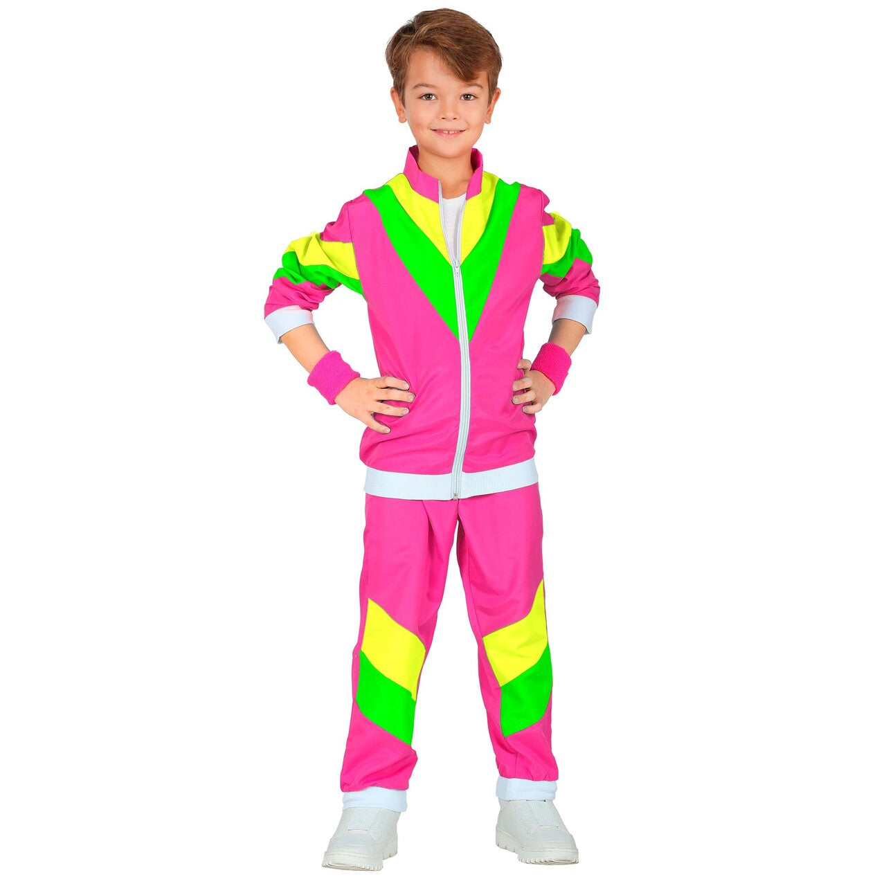 Op deze afbeelding zie je een Kostuums, van het merk Widmann. Flashy Neon 80s Trainingspak Kind Kostuum