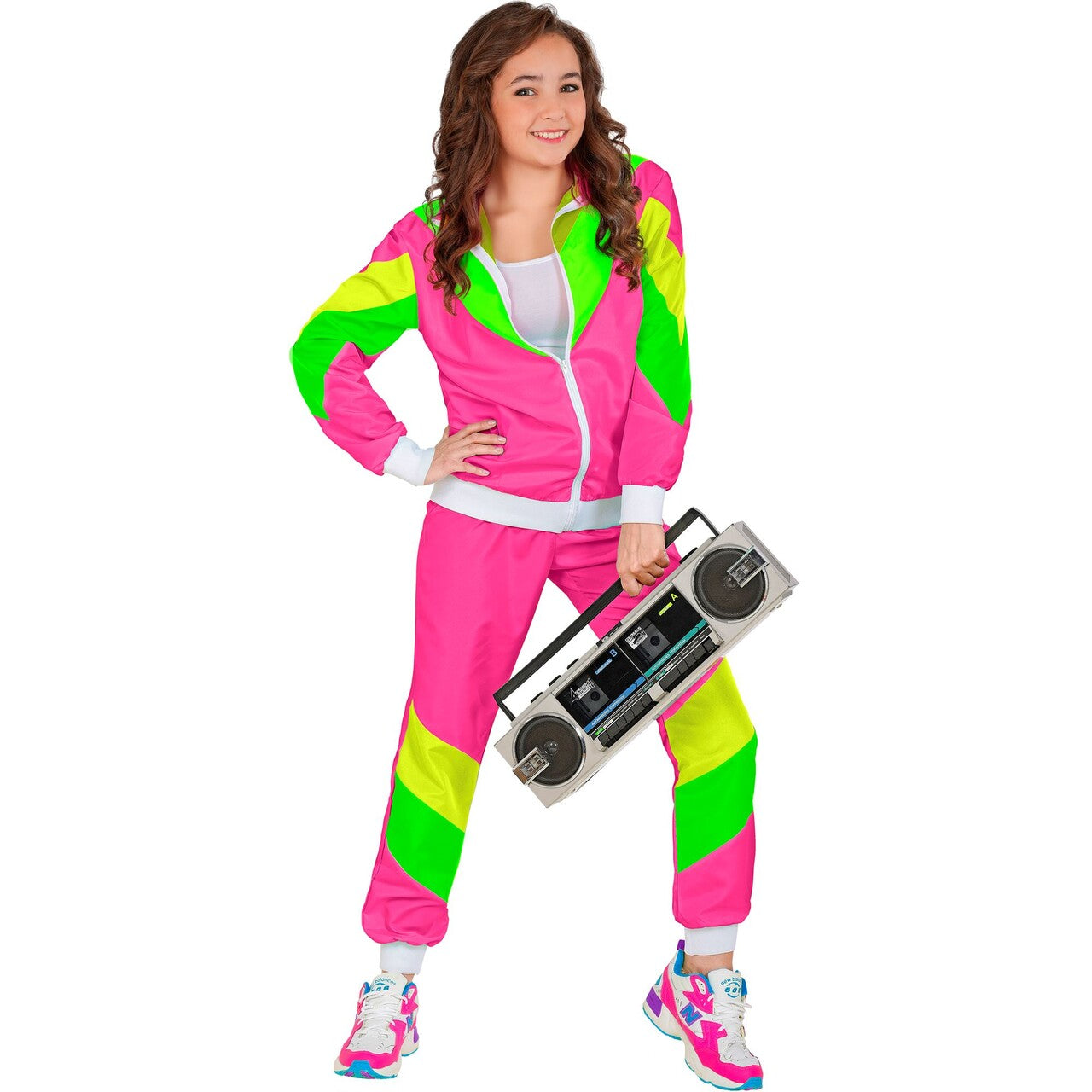 Op deze afbeelding zie je een Kostuums, van het merk Widmann. Flashy Neon 80s Trainingspak Kind Kostuum
