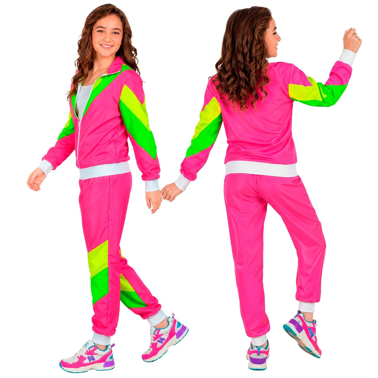 Op deze afbeelding zie je een Kostuums, van het merk Widmann. Flashy Neon 80s Trainingspak Kind Kostuum
