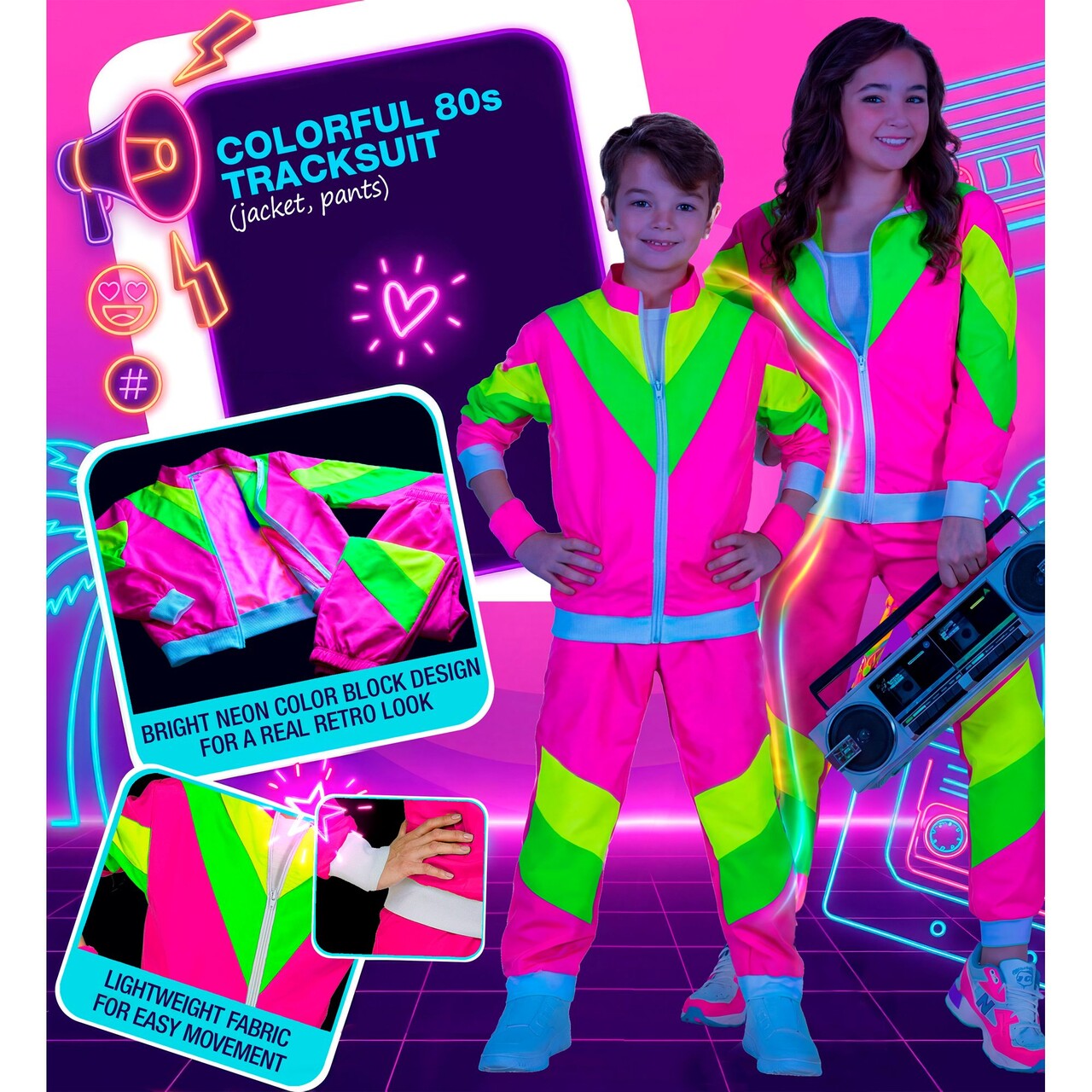 Op deze afbeelding zie je een Kostuums, van het merk Widmann. Flashy Neon 80s Trainingspak Kind Kostuum