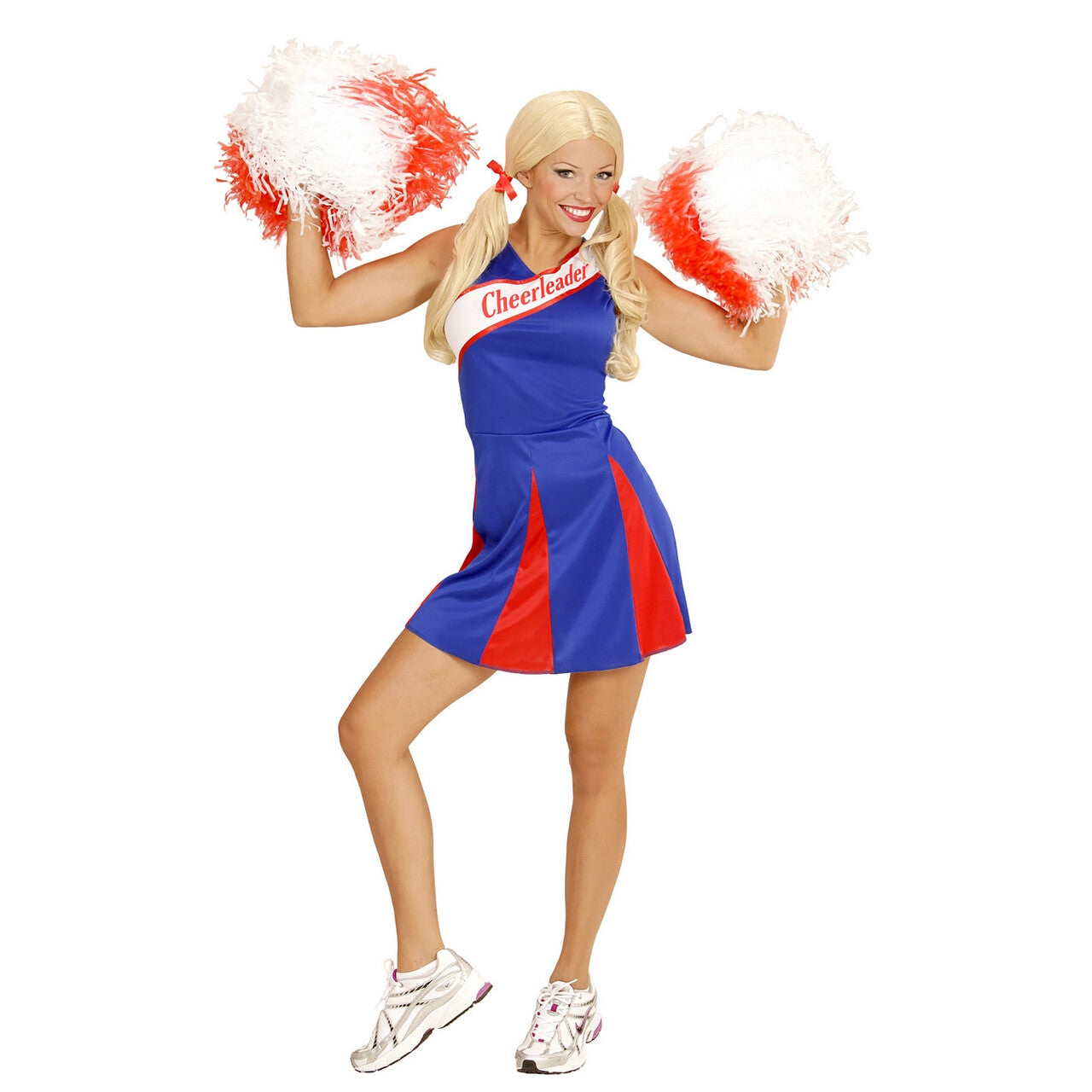 Op deze afbeelding zie je een Kostuums, van het merk Widmann. Amerikaanse Cheerleader Blauw / Rood Vrouw Kostuum