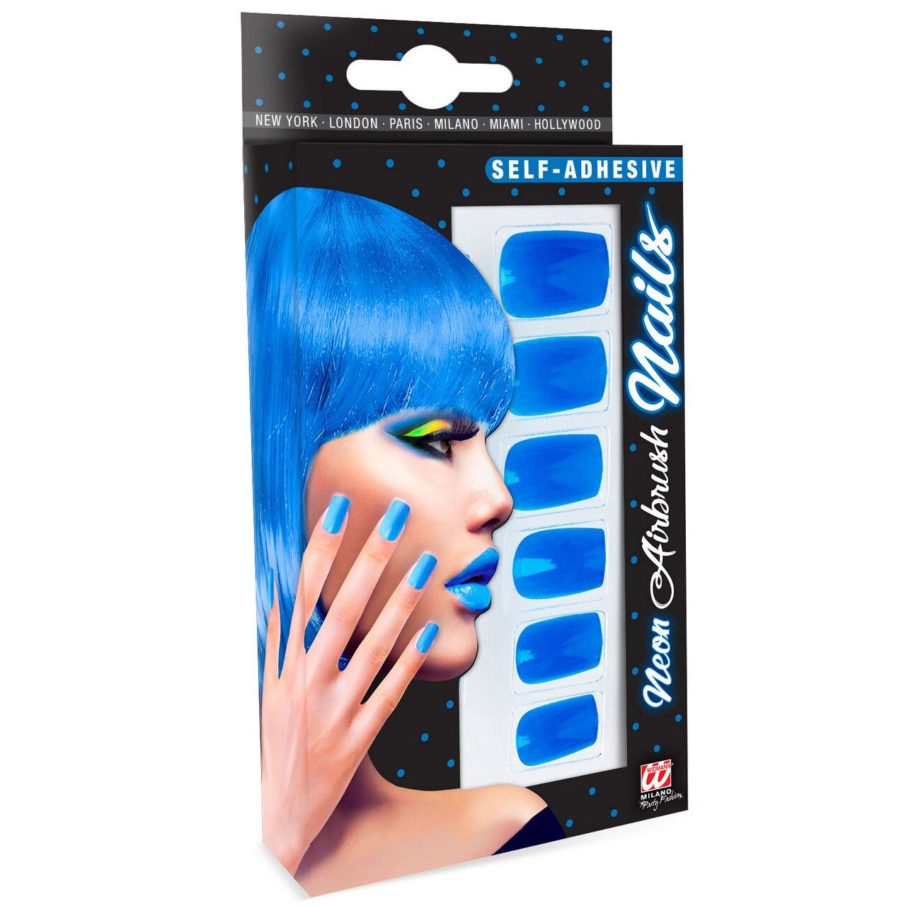 Op deze afbeelding zie je een Accessoires, van het merk Widmann. Nagels Airbrush Neon Blauw 80s Lady