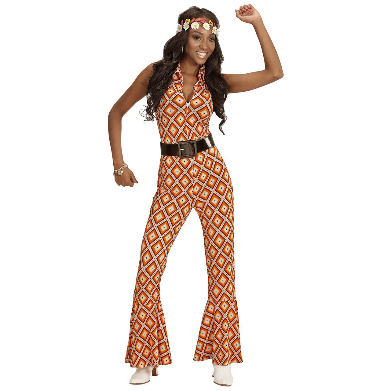 Op deze afbeelding zie je een Kostuums, van het merk Widmann. Oranje Hippie Groovy Geralda 70s Dames Jumpsuit, Ruit Vrouw Kostuum