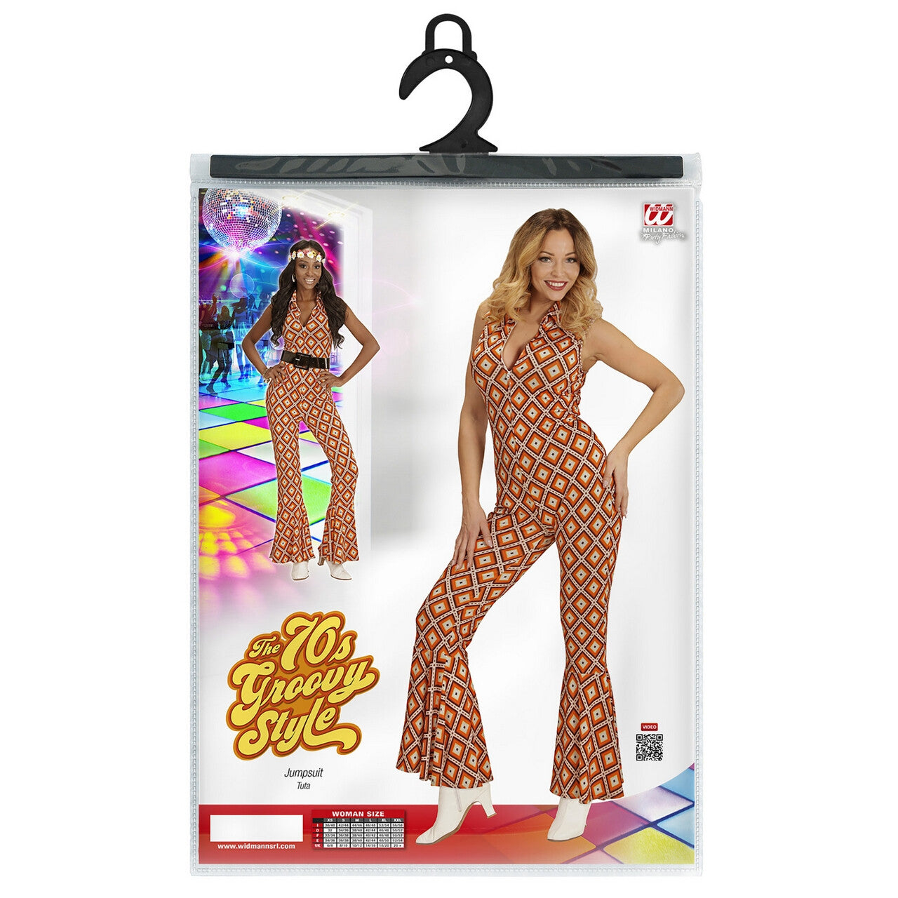Op deze afbeelding zie je een Kostuums, van het merk Widmann. Oranje Hippie Groovy Geralda 70s Dames Jumpsuit, Ruit Vrouw Kostuum