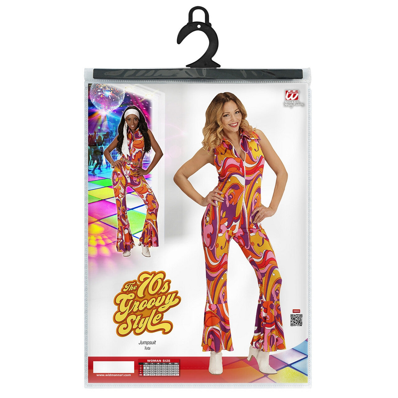 Op deze afbeelding zie je een Kostuums, van het merk Widmann. Groovy Geralda 70s Dames Jumpsuit, Orchidee Vrouw Kostuum