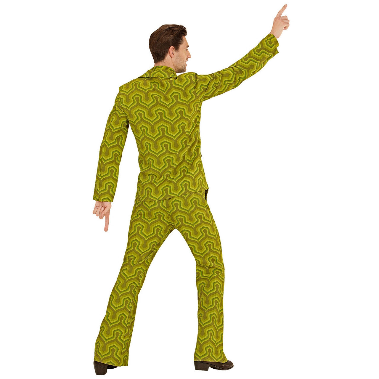 Op deze afbeelding zie je een Kostuums, van het merk Widmann. Groovy George 70s Heren Kostuum, Behang Man
