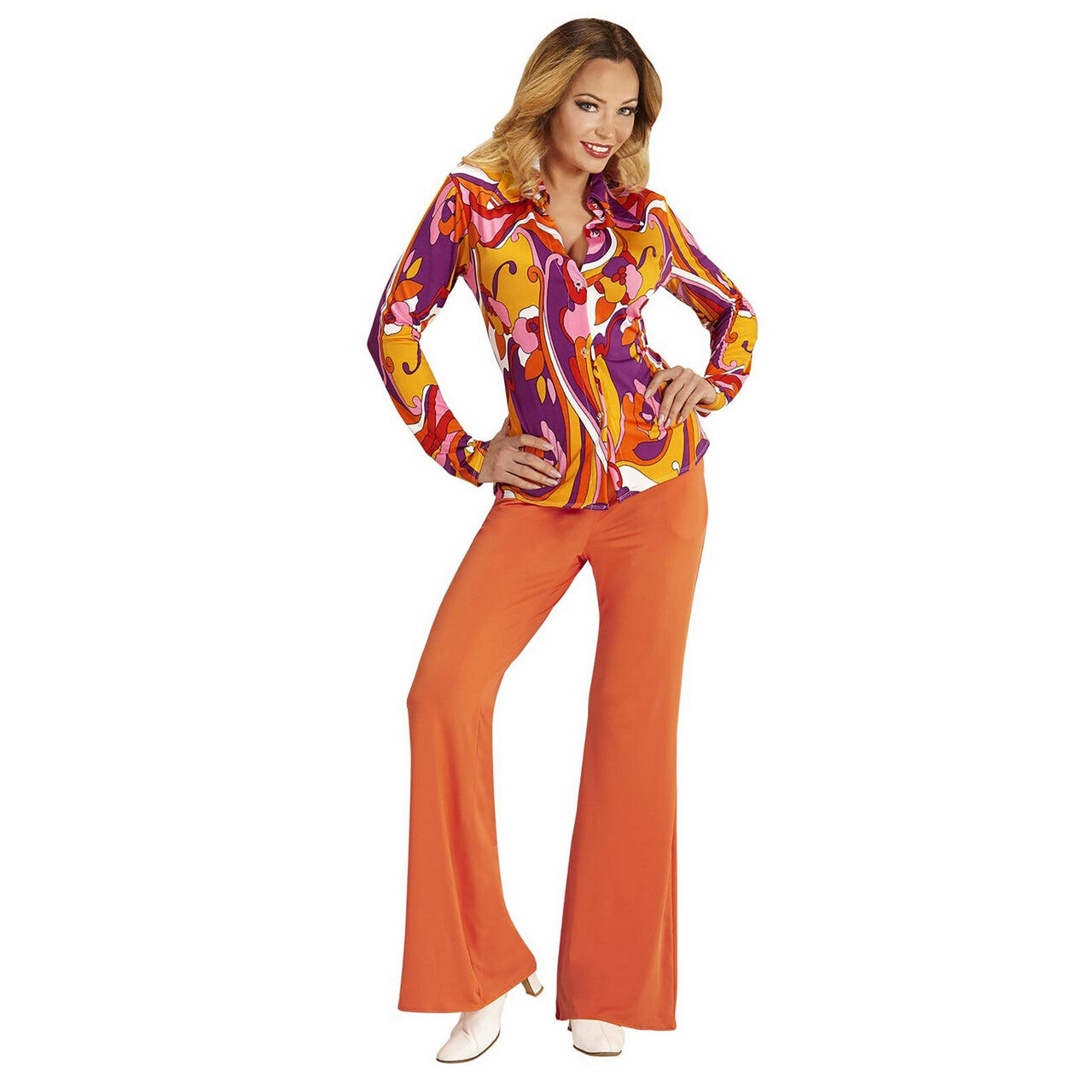 Op deze afbeelding zie je een Kostuums, van het merk Widmann. Groovy Gina 70s Dames Shirt, Orchidee Vrouw