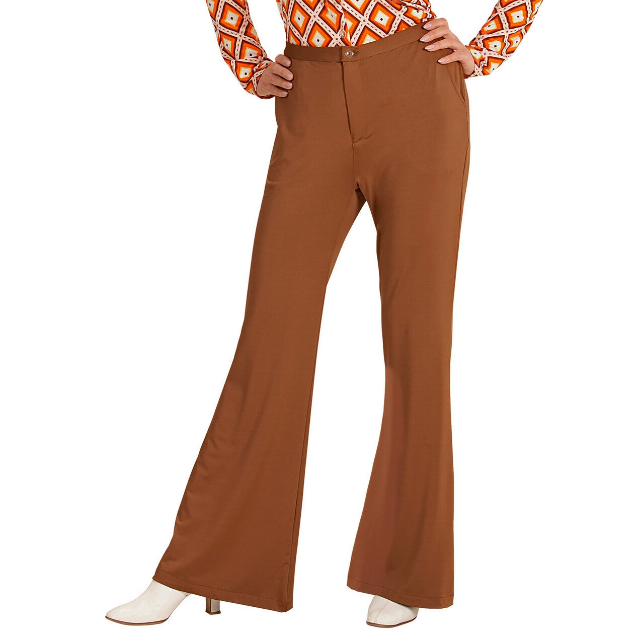 Op deze afbeelding zie je een Kostuums, van het merk Widmann. Groovy Gwendolyn 70s Dames Broek, Bruin Vrouw