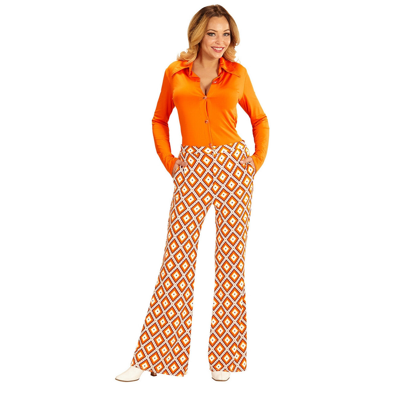 Op deze afbeelding zie je een Kostuums, van het merk Widmann. Groovy Gwendolyn 70s Dames Broek, Ruit Vrouw