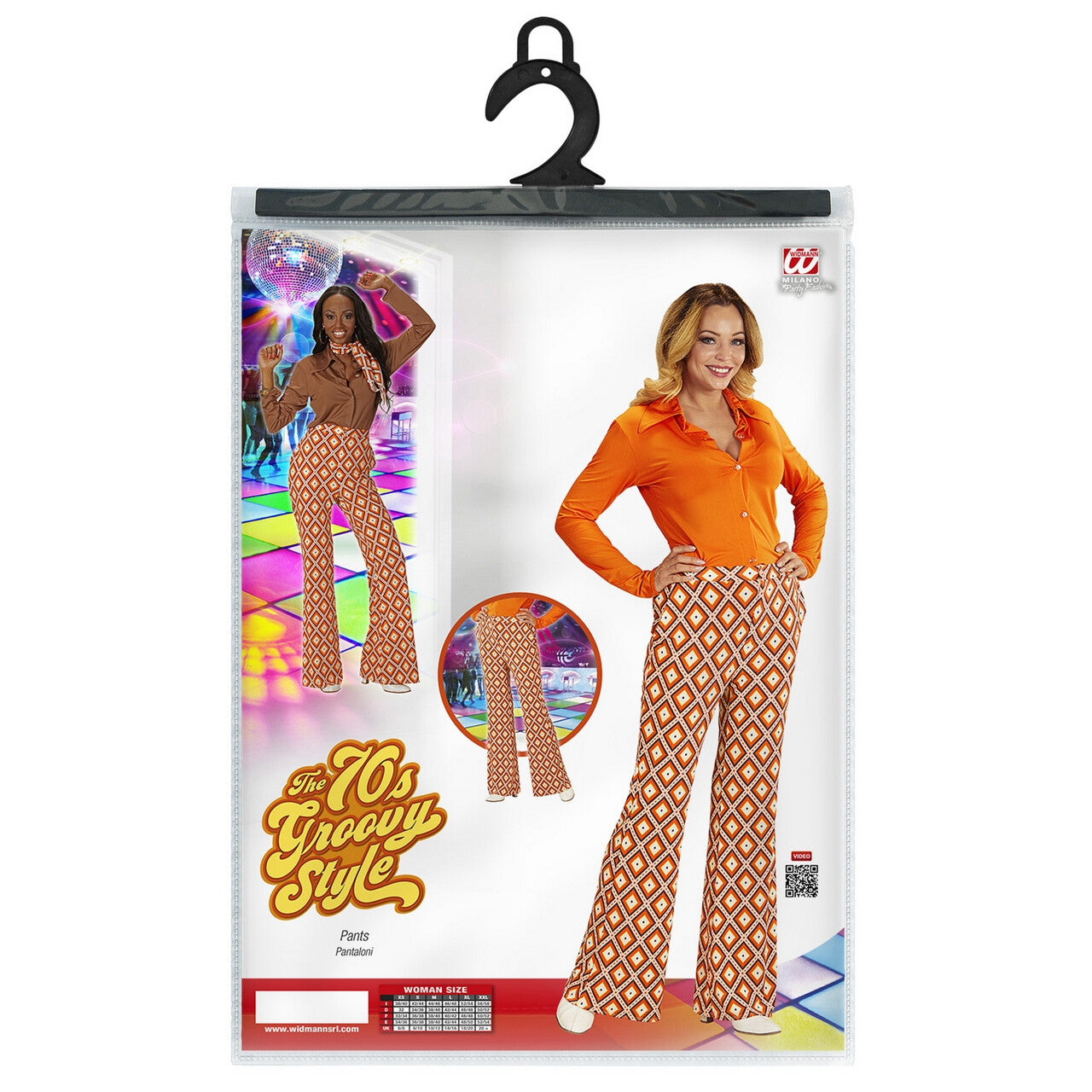 Op deze afbeelding zie je een Kostuums, van het merk Widmann. Groovy Gwendolyn 70s Dames Broek, Ruit Vrouw
