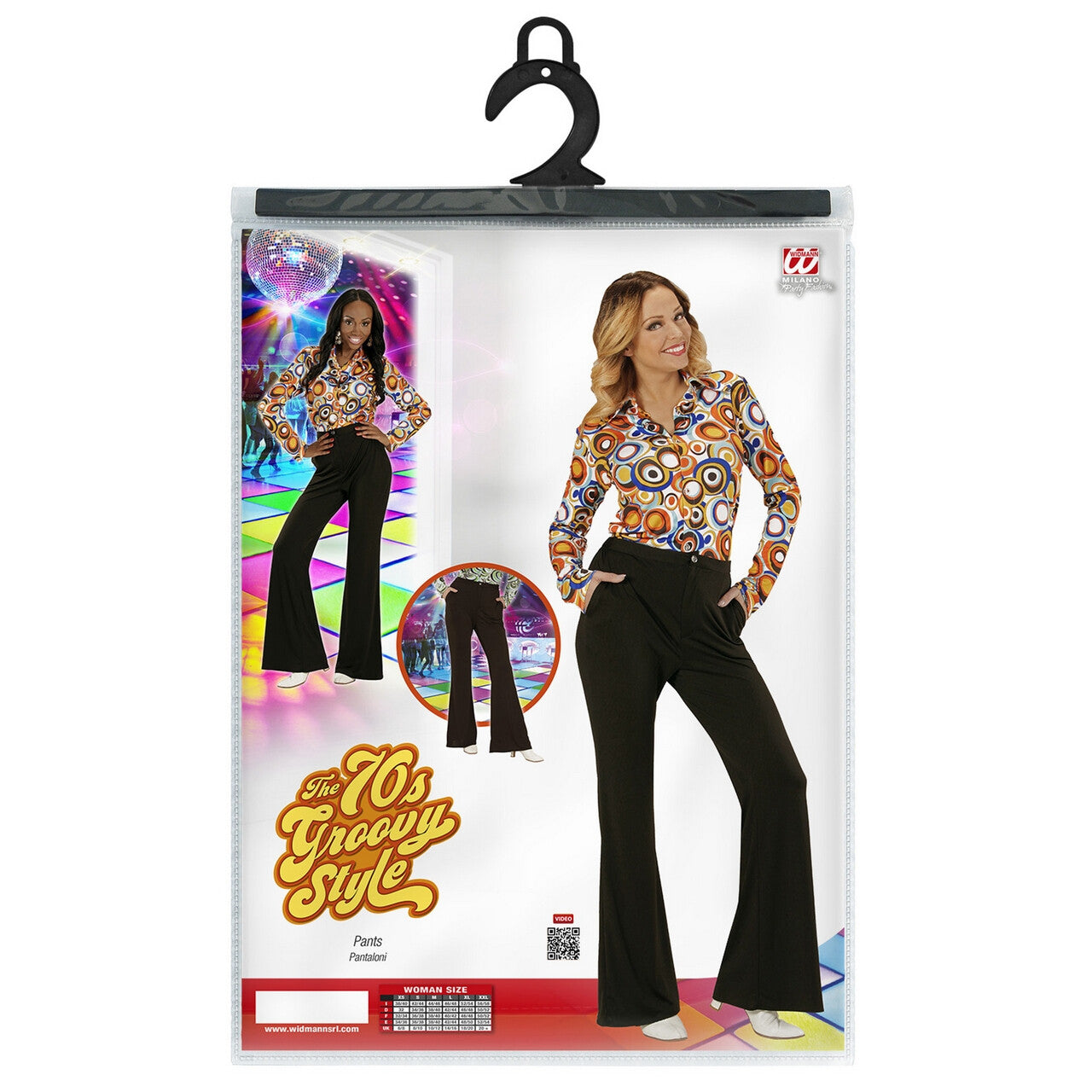 Op deze afbeelding zie je een Kostuums, van het merk Widmann. Groovy Gwendolyn 70s Dames Broek, Zwart Vrouw