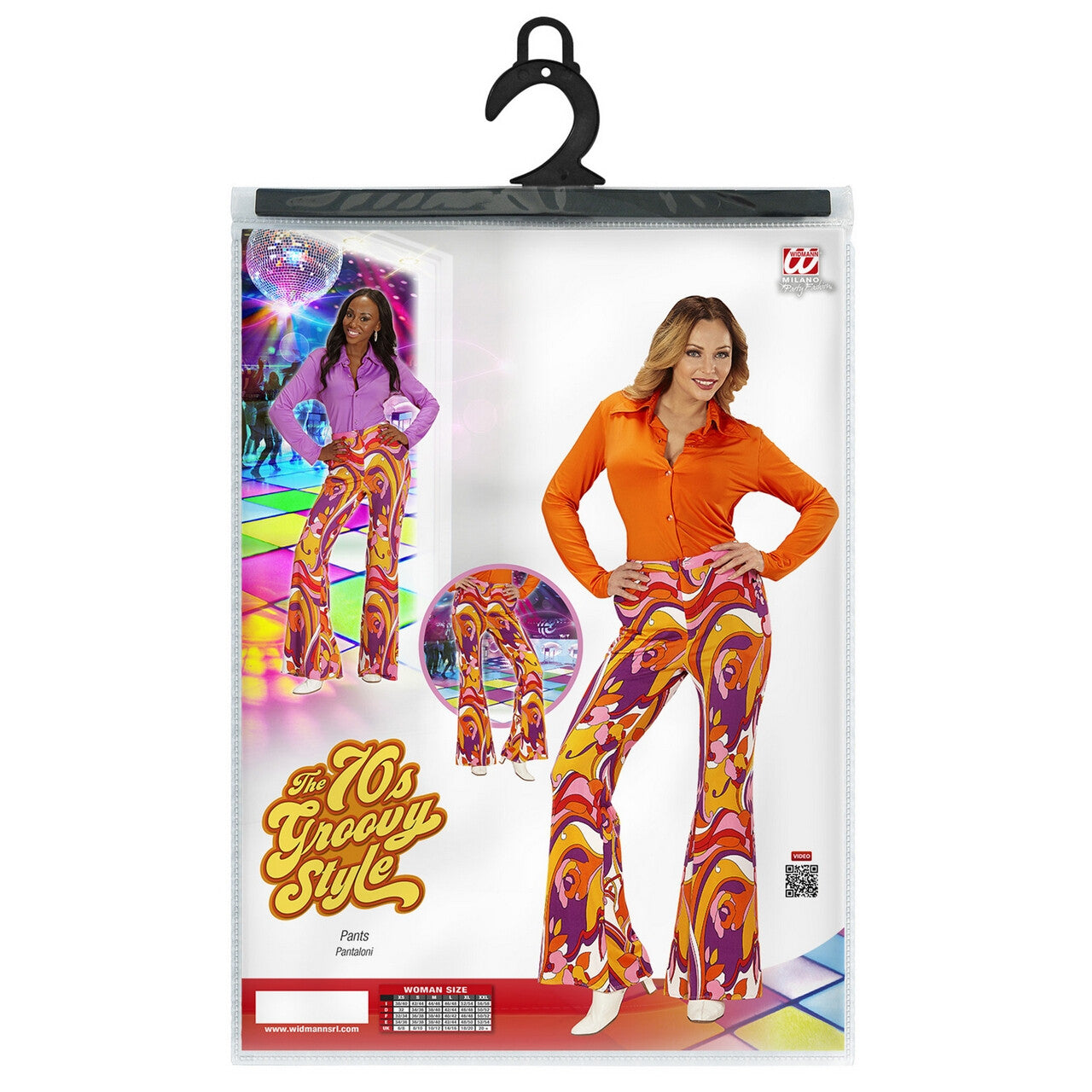 Op deze afbeelding zie je een Kostuums, van het merk Widmann. Groovy Gwendolyn 70s Dames Broek, Orchidee Vrouw