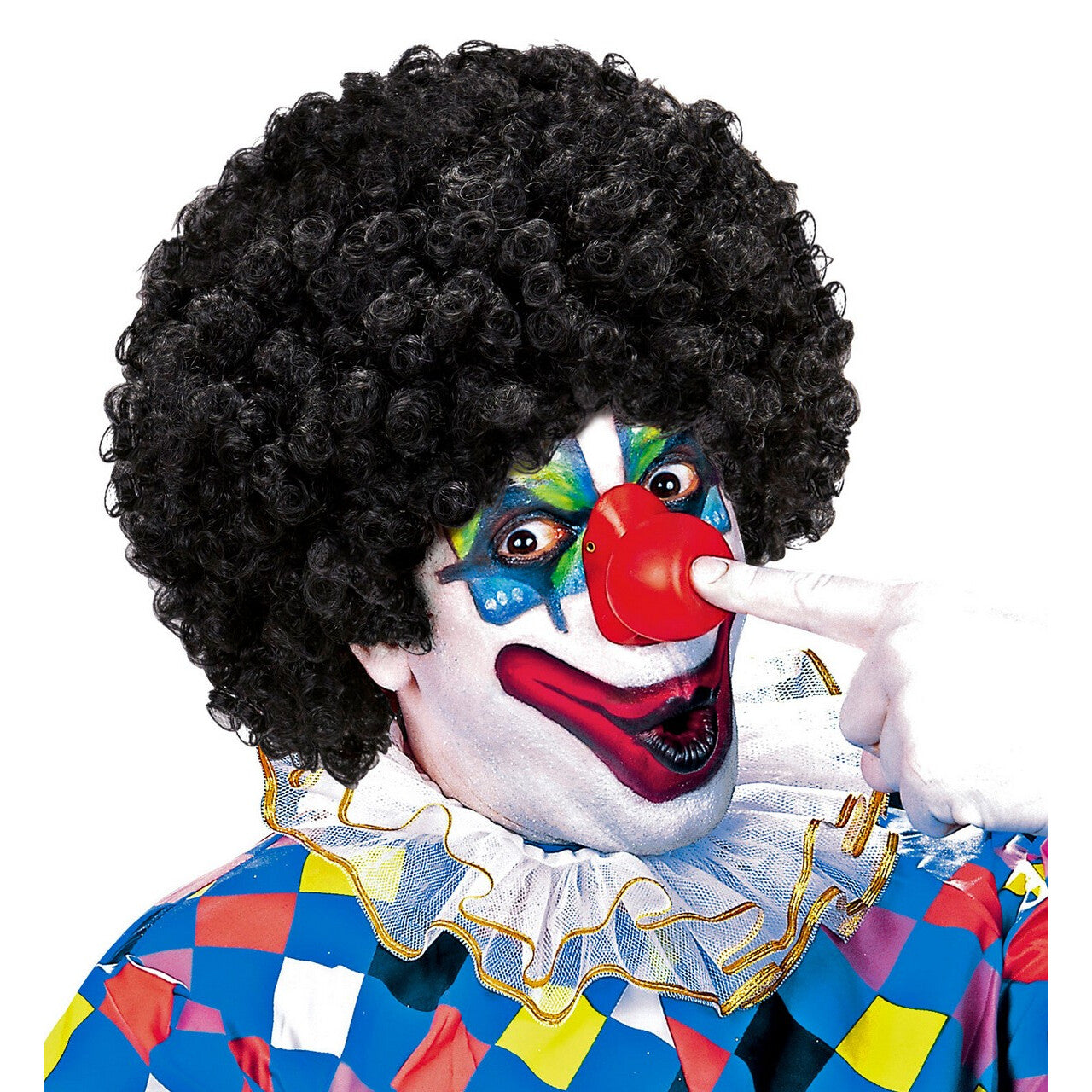 Op deze afbeelding zie je een Accessoires, van het merk Widmann. Afro Clownpruik Krullen, Zwart