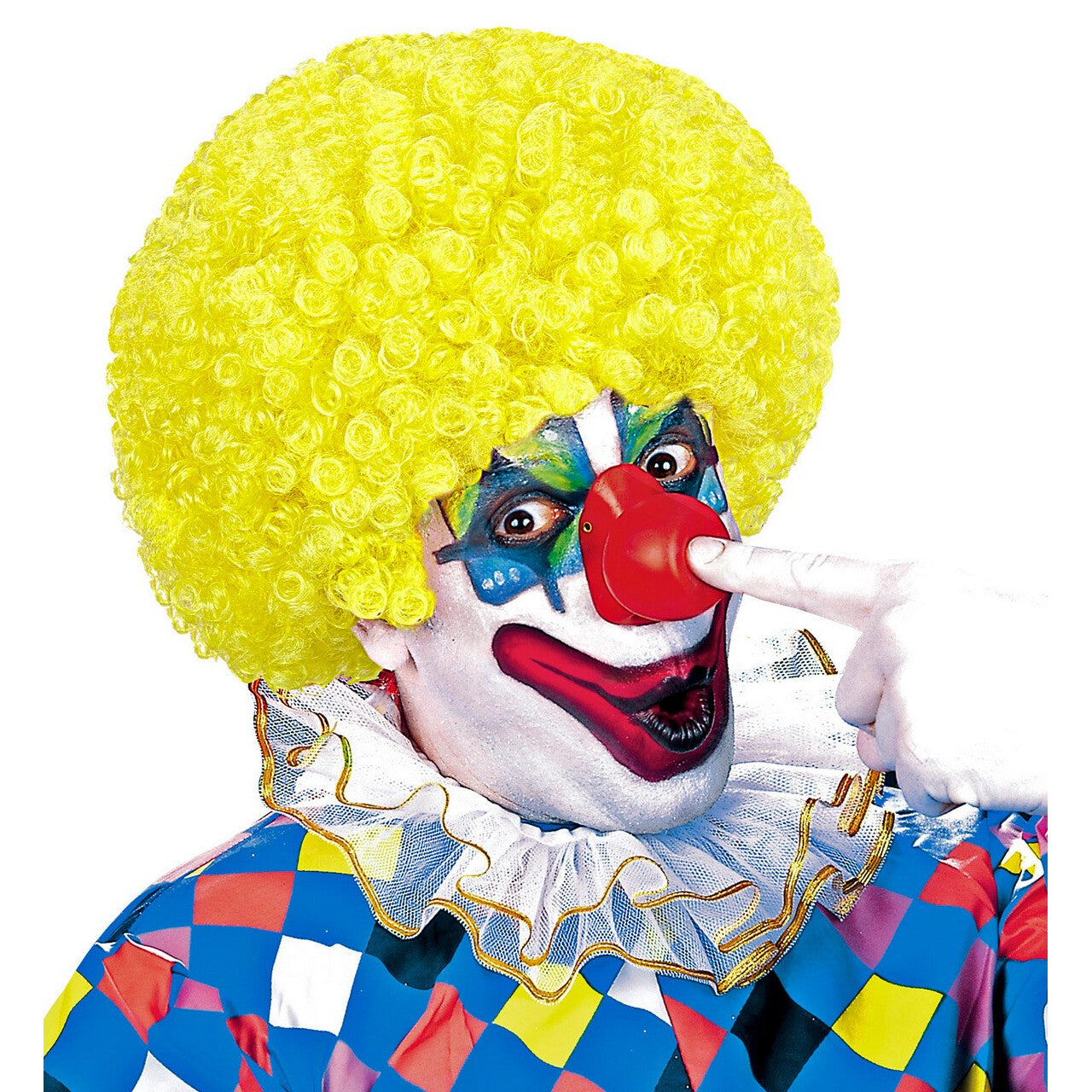 Op deze afbeelding zie je een Accessoires, van het merk Widmann. Afro Clownpruik Krullen, Geel