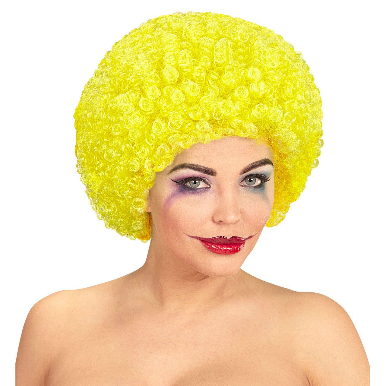 Op deze afbeelding zie je een Accessoires, van het merk Widmann. Afro Clownpruik Krullen, Geel
