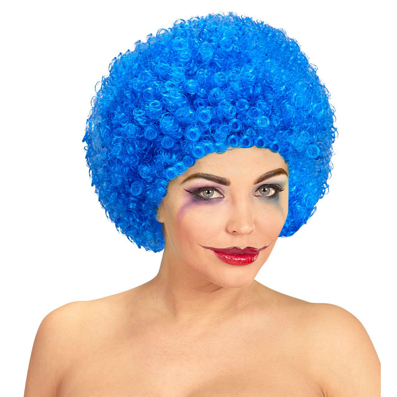 Op deze afbeelding zie je een Accessoires, van het merk Widmann. Afro Clownpruik Krullen, Licht Blauw