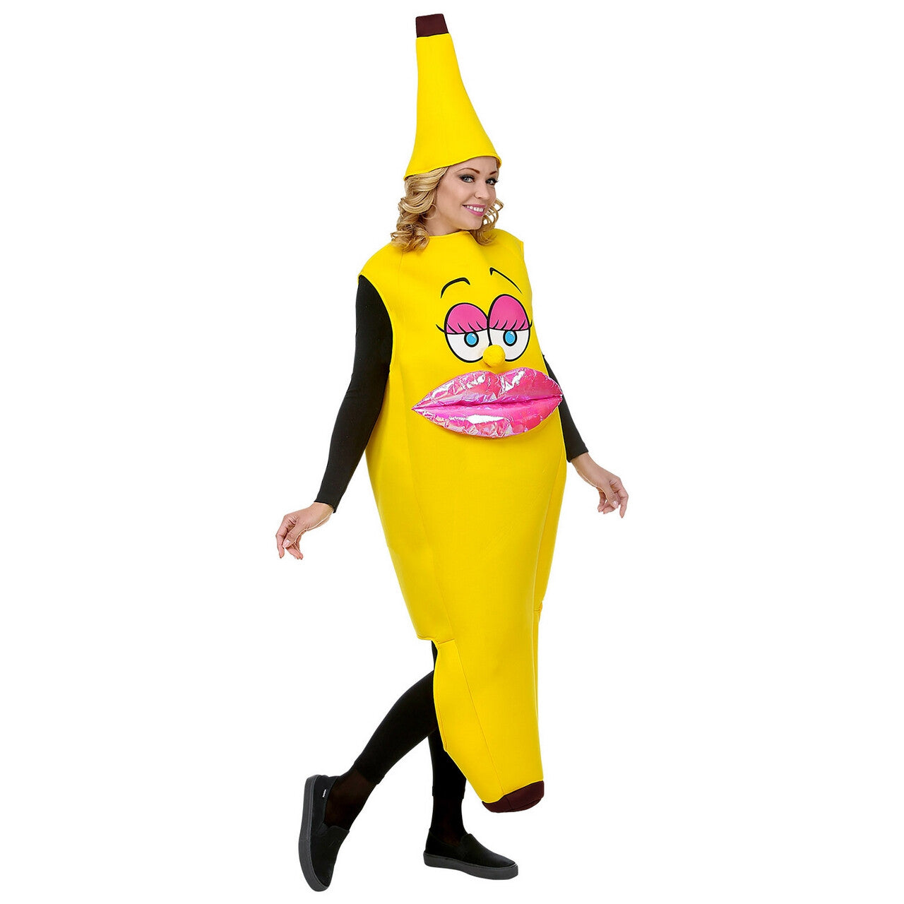 Op deze afbeelding zie je een Kostuums, van het merk Widmann. Lekker Geel Hapje Miss Banana Vrouw Kostuum