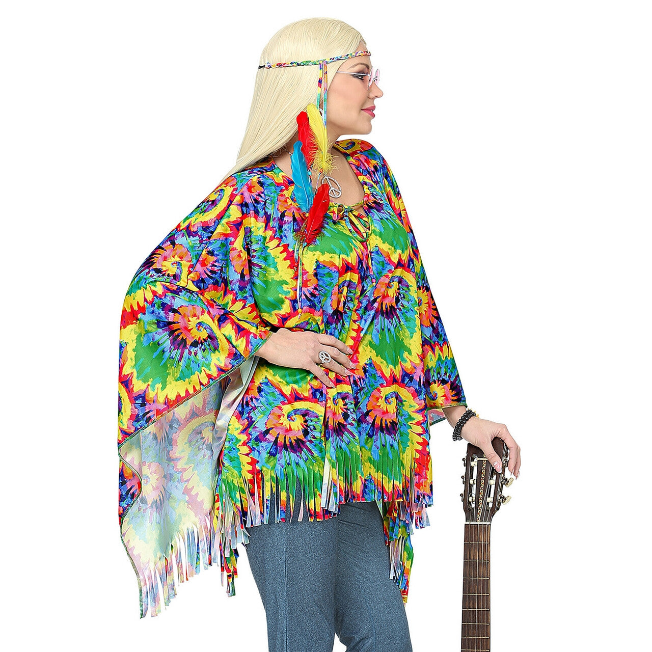 Op deze afbeelding zie je een Kostuums, van het merk Widmann. Hippie Poncho Wild Patroon Met Hoofdband Vrouw Kostuum