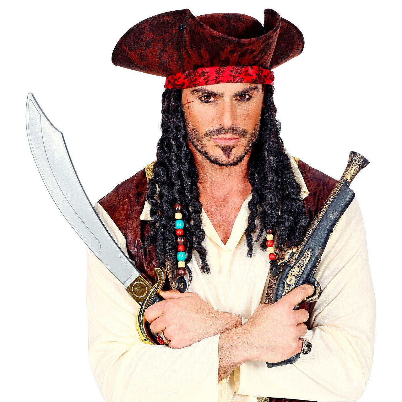 Op deze afbeelding zie je een Accessoires, van het merk Widmann. Driesteek Met Bandana En Dreadlocks Piraat