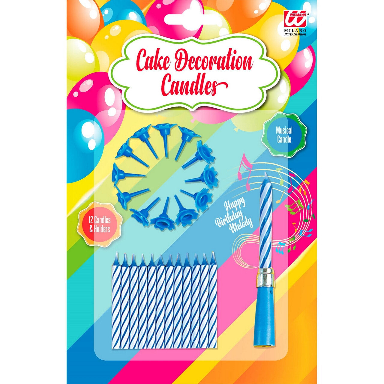 Op deze afbeelding zie je een Decoratie, van het merk Widmann. 12 Blauwe Kaarsjes Met Houder En Happy Birthday Muziek