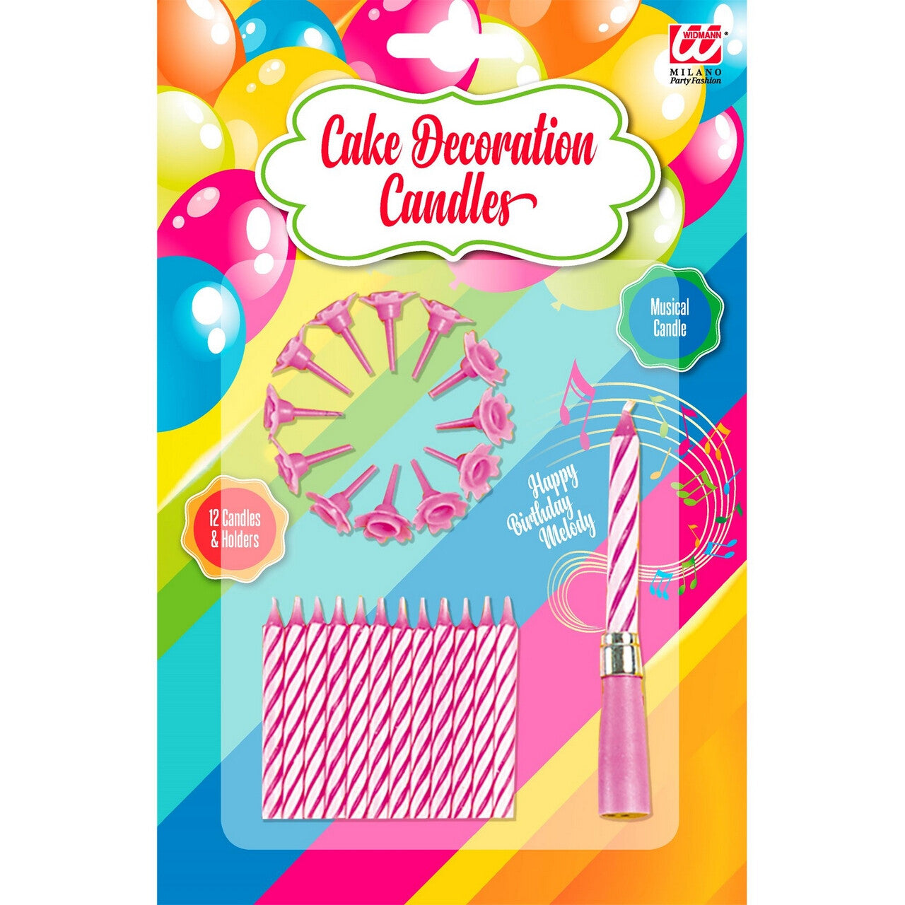 Op deze afbeelding zie je een Decoratie, van het merk Widmann. 12 Roze Kaarsjes Met Houder En Happy Birthday Muziek