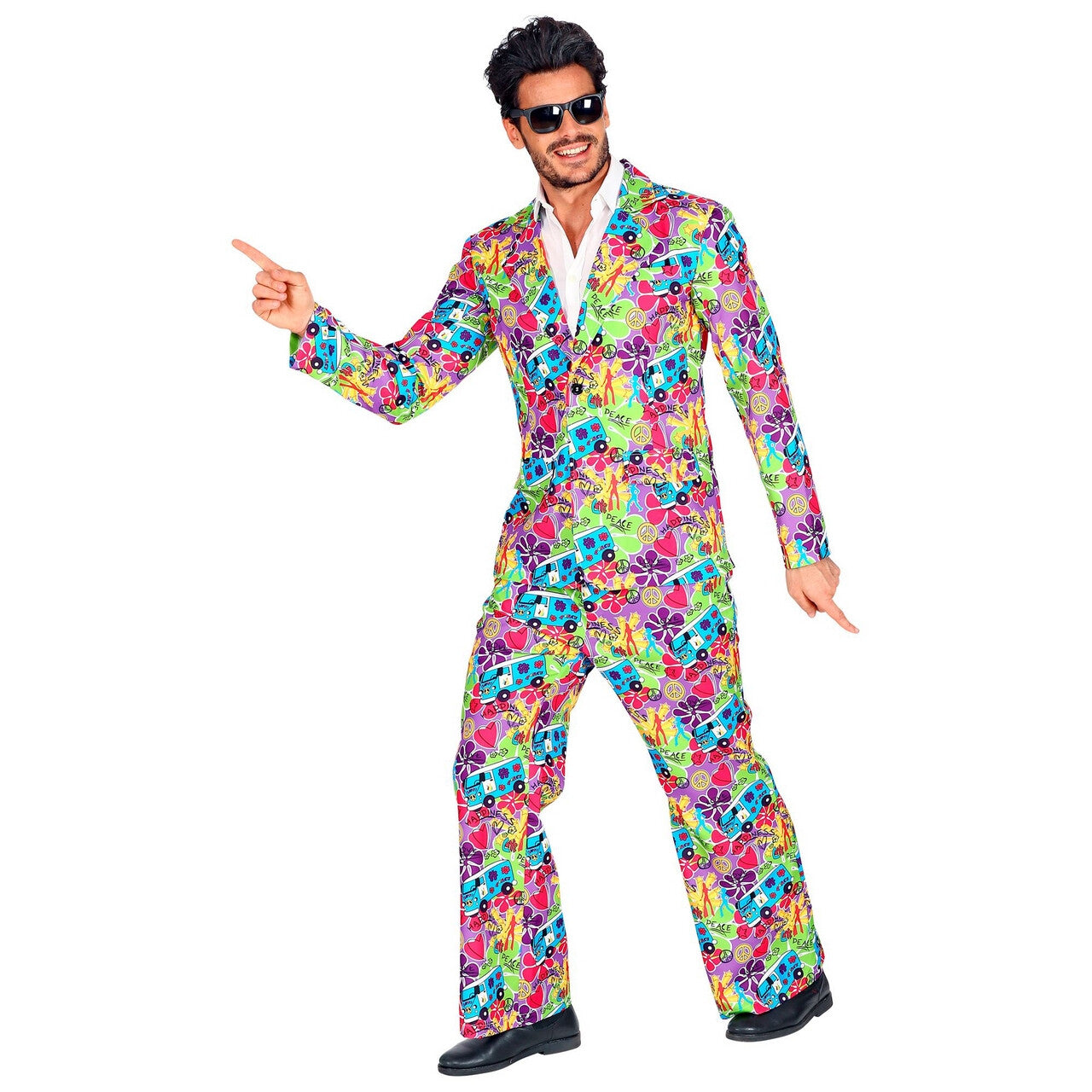 Op deze afbeelding zie je een Kostuums, van het merk Widmann. Vrolijke Kleurige Hippie Symbolen Man Kostuum