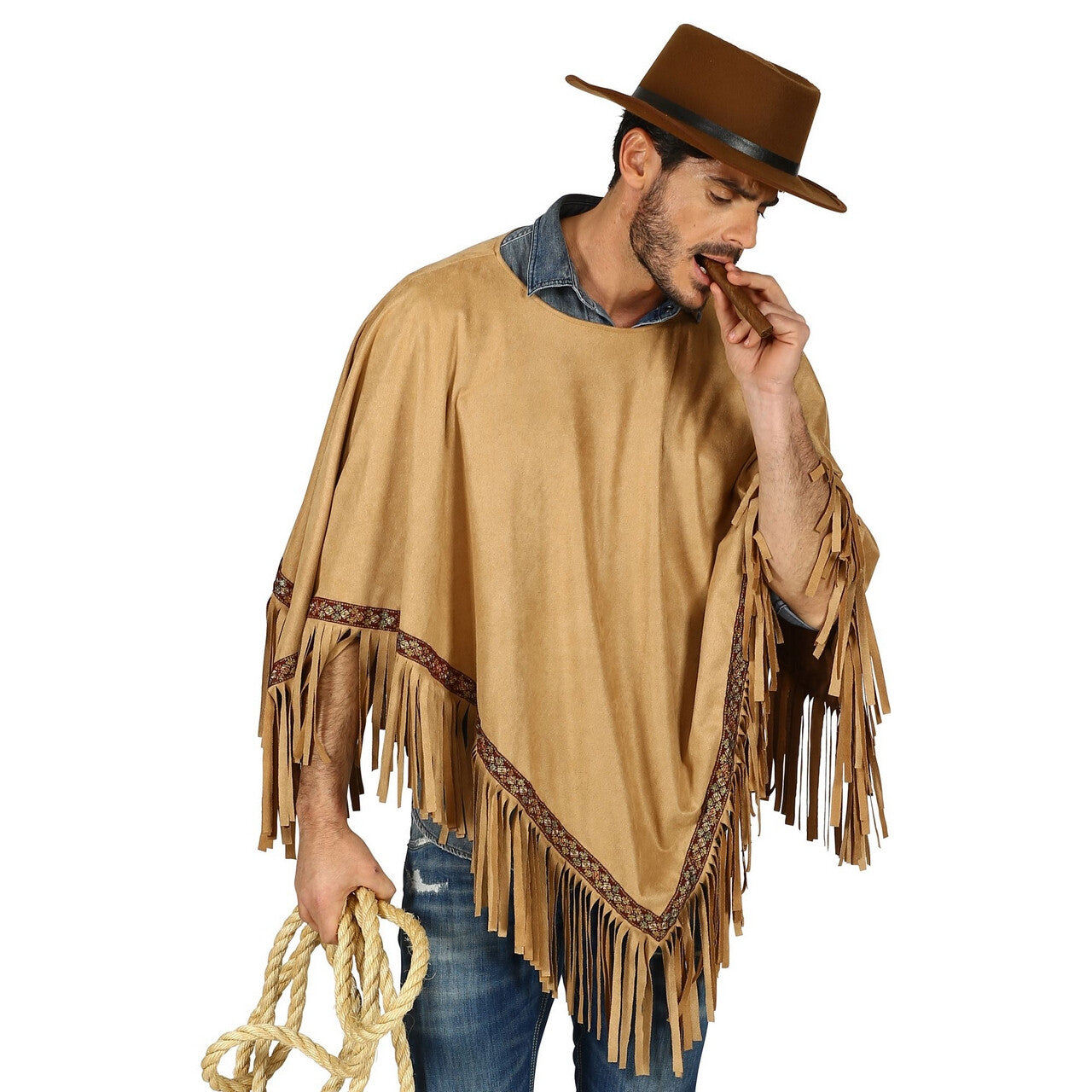 Op deze afbeelding zie je een Kostuums, van het merk Widmann. Luxe Zandbruine Indianen Poncho Lonesome Cowboy