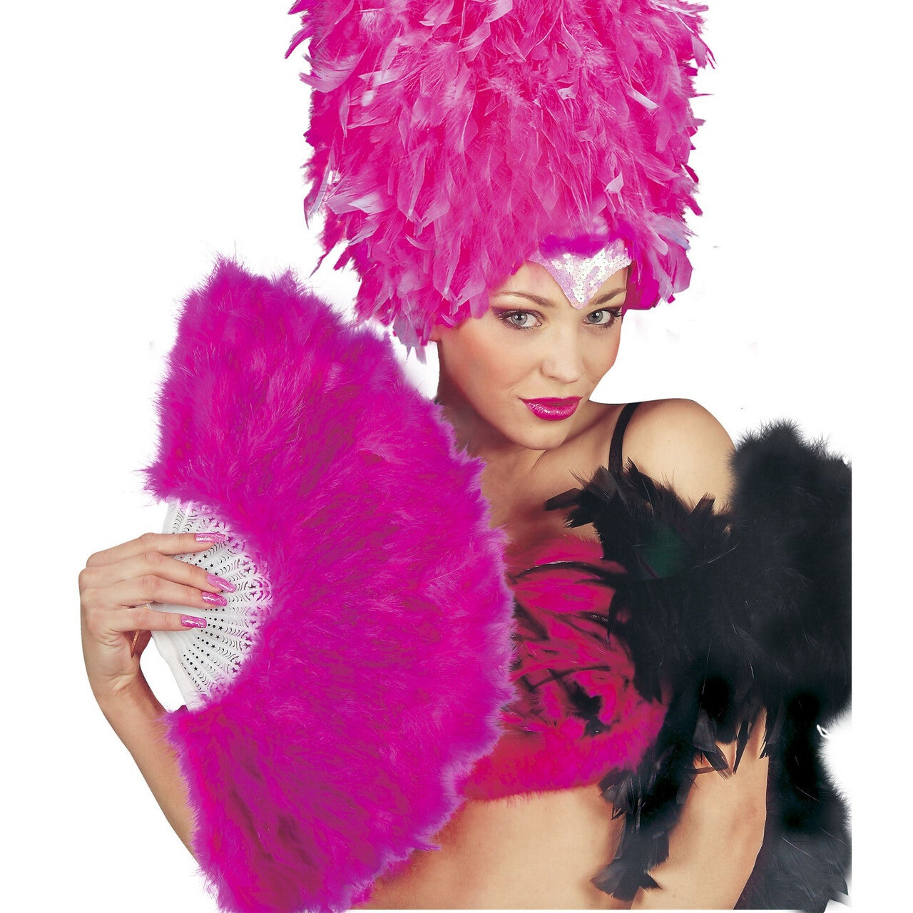 Op deze afbeelding zie je een Accessoires, van het merk Widmann. Donkerroze Veren Waaier Moulin Rouge