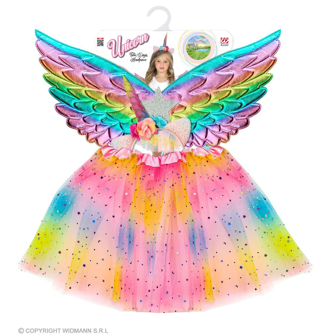 Op deze afbeelding zie je een Kostuums, van het merk Widmann. Kleurige Unicorn Set Meisje Kostuum