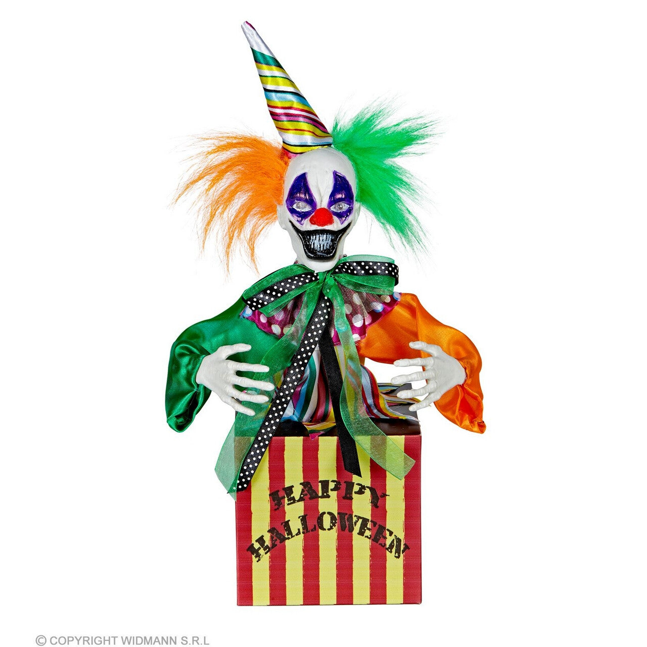 Op deze afbeelding zie je een Decoratie, van het merk Widmann. Schrikwekkende Clown In Een Doosje