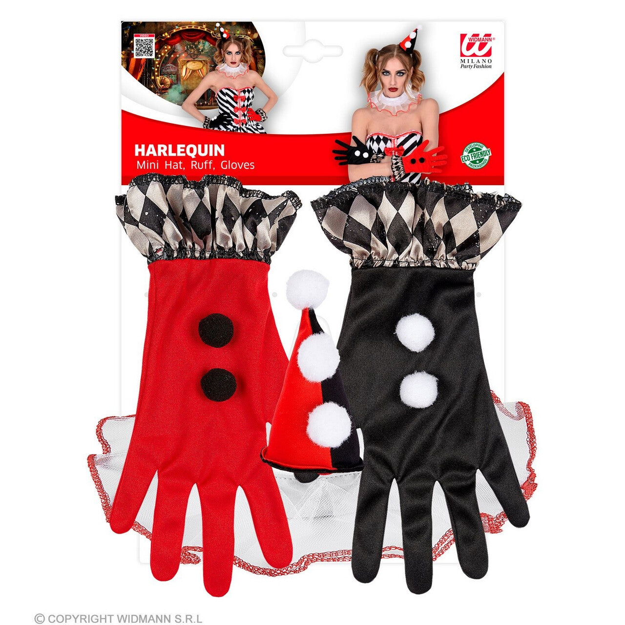 Op deze afbeelding zie je een Accessoires, van het merk Widmann. Set Zwart Rode Harlekijn