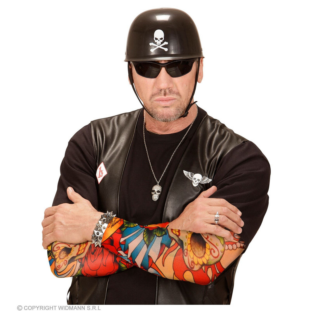 Op deze afbeelding zie je een Accessoires, van het merk Widmann. Gekleurde Tattoo Armsleeve Schedel En Rozen