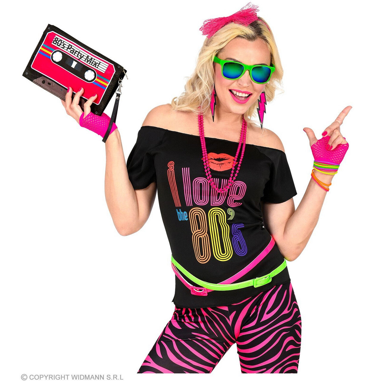 Op deze afbeelding zie je een Accessoires, van het merk Widmann. Jaren 80 Popstar Miley Set, Neon Roze