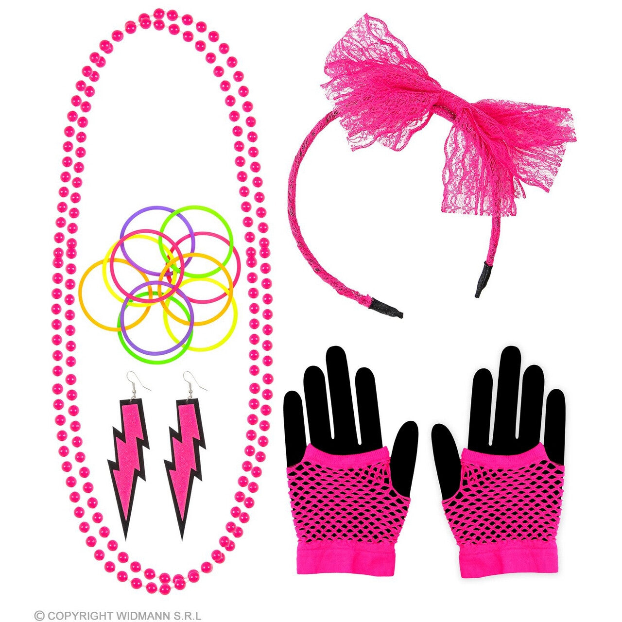 Op deze afbeelding zie je een Accessoires, van het merk Widmann. Jaren 80 Popstar Miley Set, Neon Roze