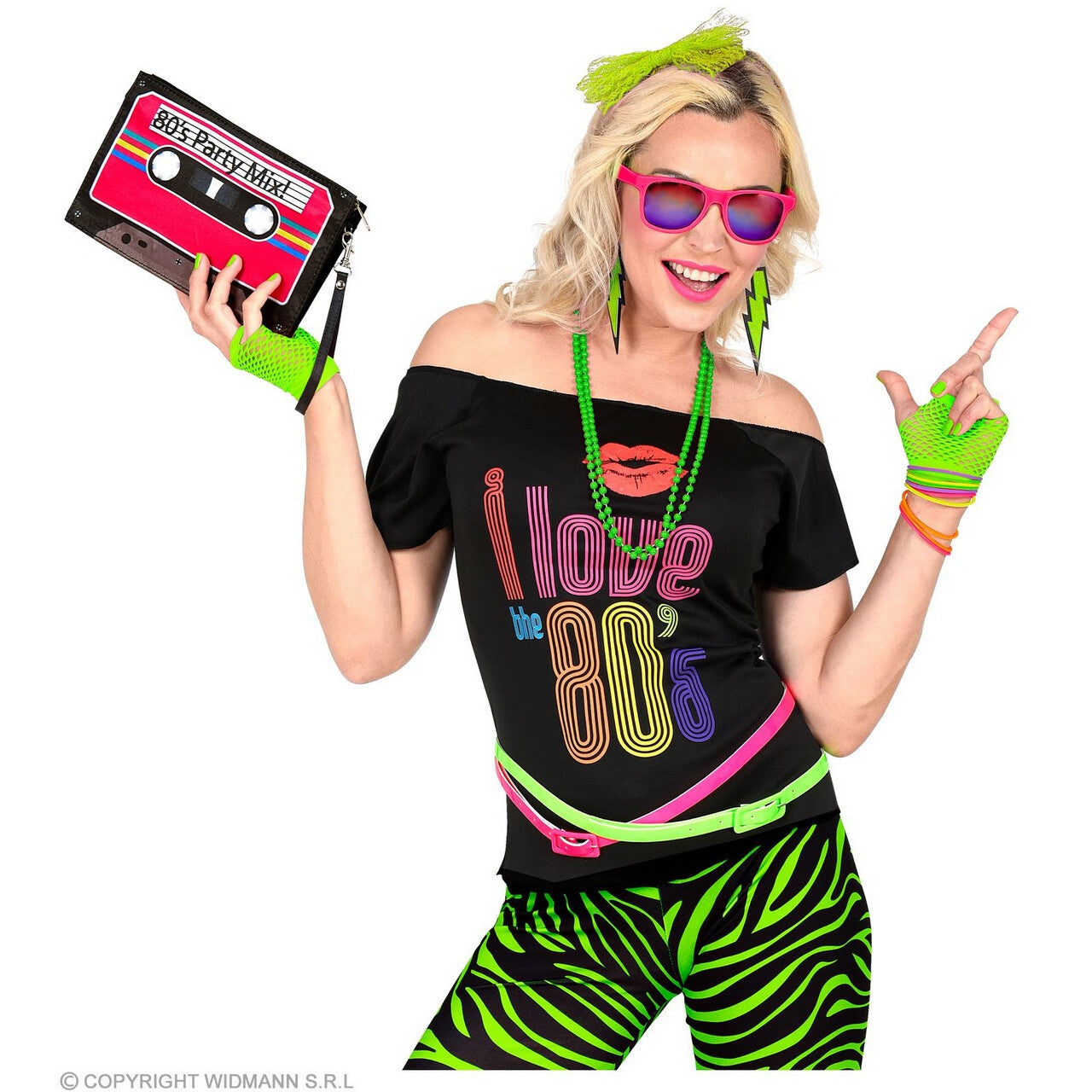 Op deze afbeelding zie je een Accessoires, van het merk Widmann. Jaren 80 Popstar Cindy Set, Neon Groen