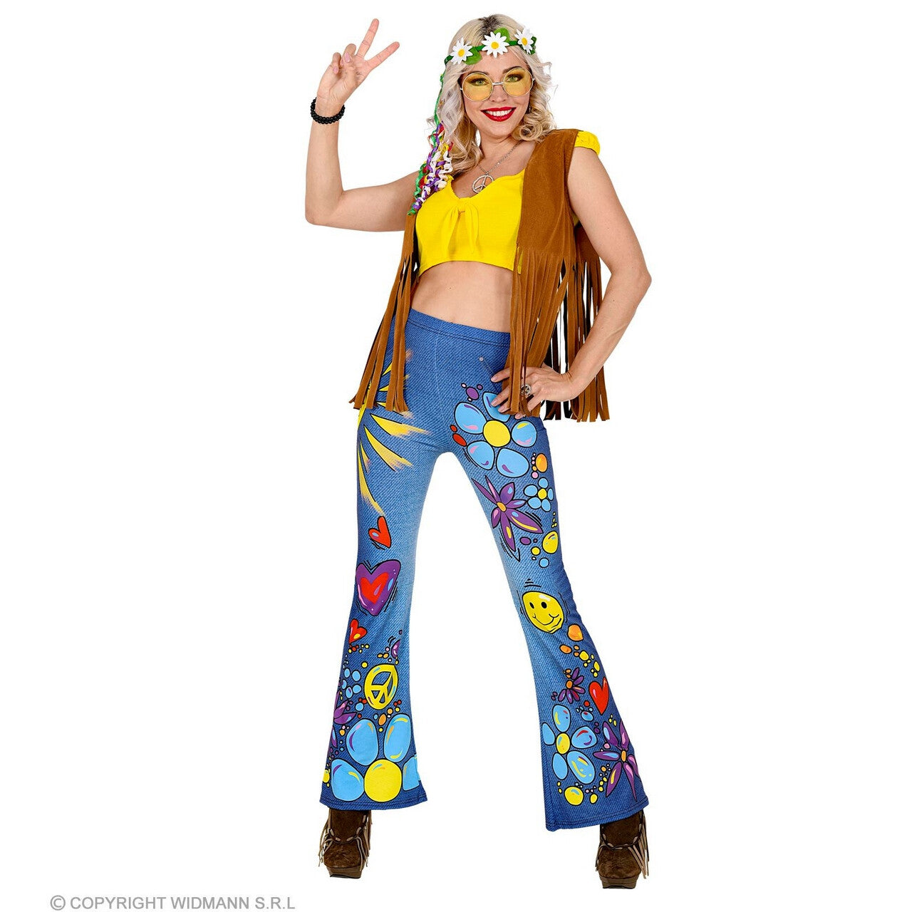 Op deze afbeelding zie je een Kostuums, van het merk Widmann. 70s Legging Hippie Peace Love And Happiness Vrouw