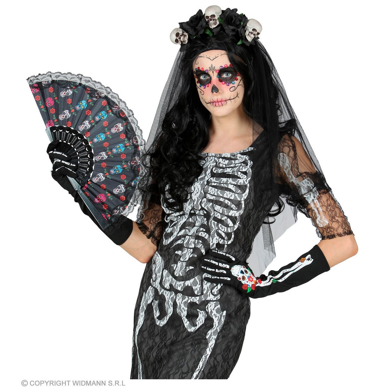 Op deze afbeelding zie je een Accessoires, van het merk Widmann. Handschoenen Skelet Dia De Los Muertos, 40 Centimeter