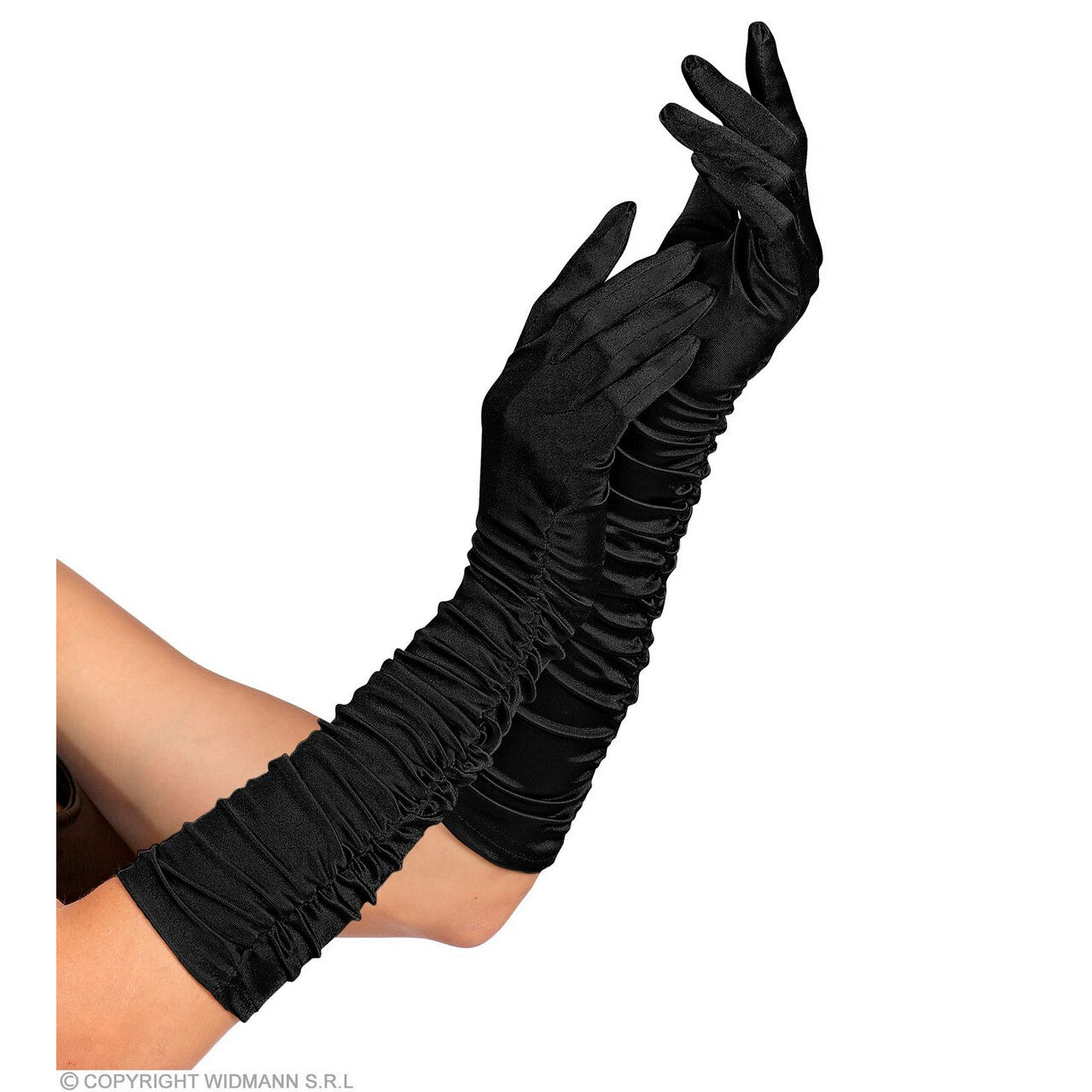 Op deze afbeelding zie je een Accessoires, van het merk Widmann. Zwarte Elegante Satijnen Handschoenen Plisse 44 Centimeter