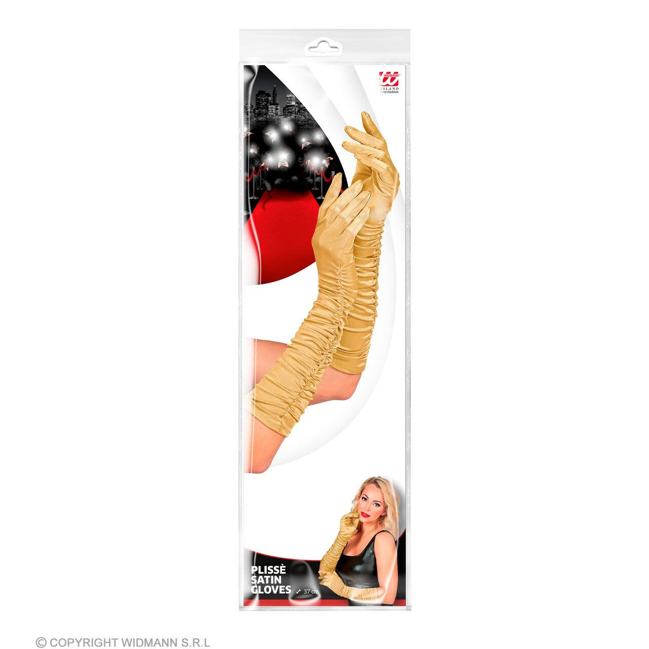 Op deze afbeelding zie je een Accessoires, van het merk Widmann. Gouden Handjes Satijnen Handschoenen Plisse 44c Centimeter
