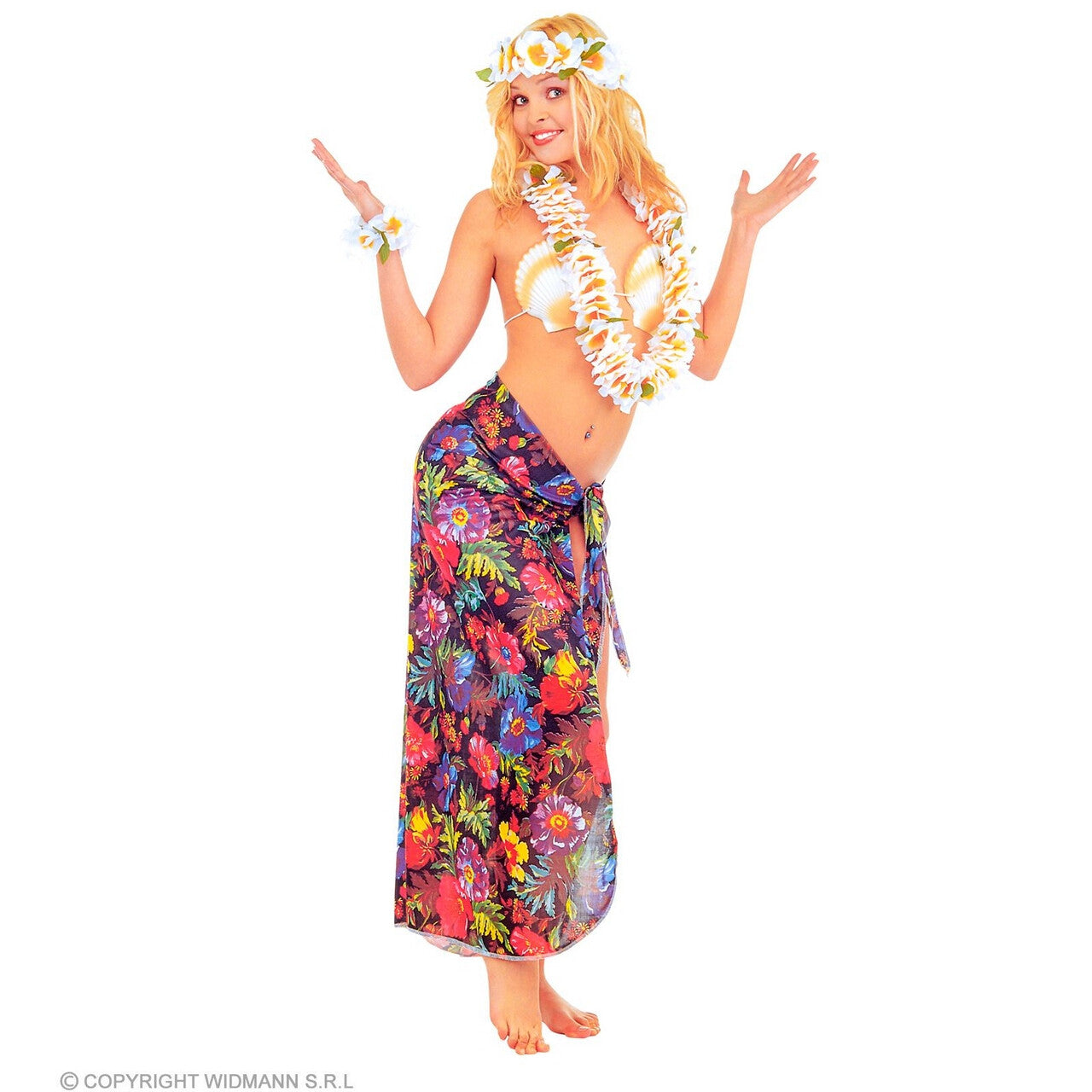 Op deze afbeelding zie je een Kostuums, van het merk Widmann. Omslagdoek Hawaii Beach Flower Furie Vrouw