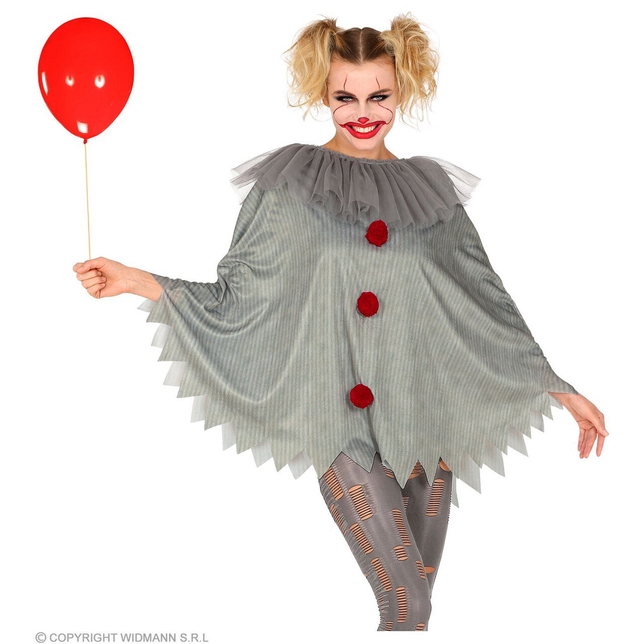 Op deze afbeelding zie je een Kostuums, van het merk Widmann. Horror Clown Penny Wijs Poncho
