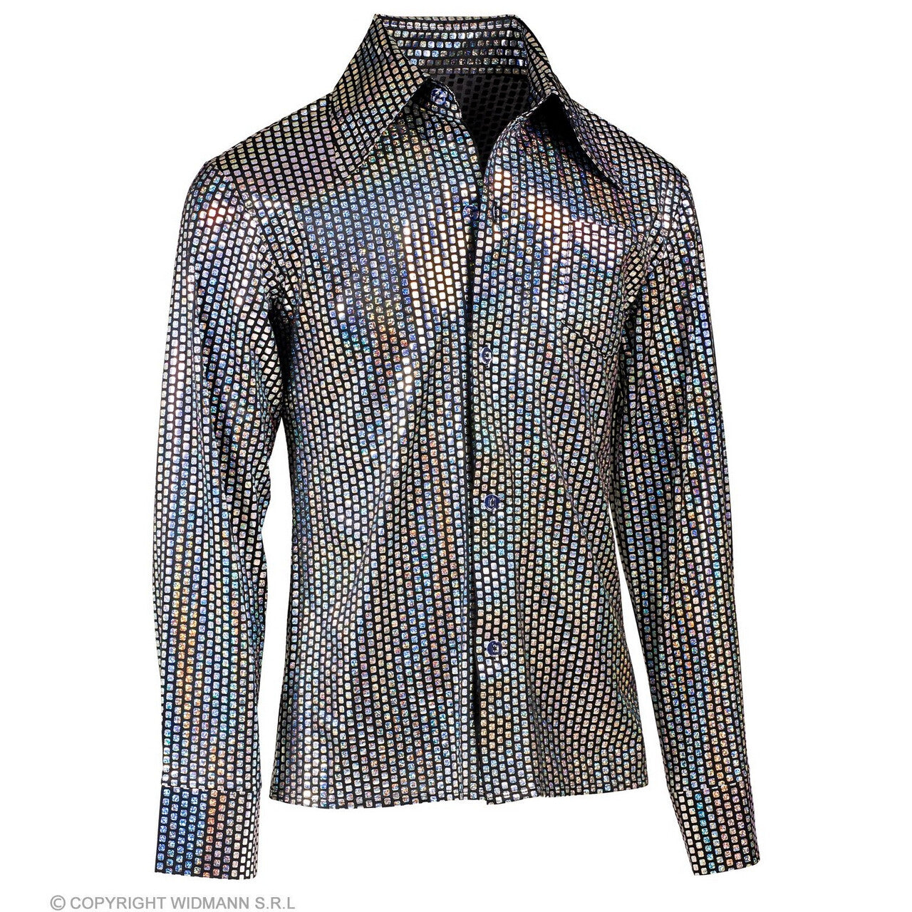 Op deze afbeelding zie je een Kostuums, van het merk Widmann. 70s Swingende Discobal Shirt Man
