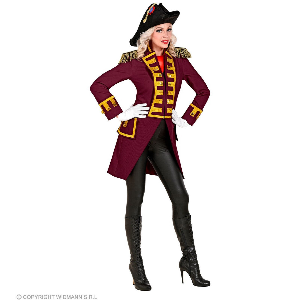 Op deze afbeelding zie je een Kostuums, van het merk Widmann. Statige Franse Parade Jas Bordeaux Rood Vrouw